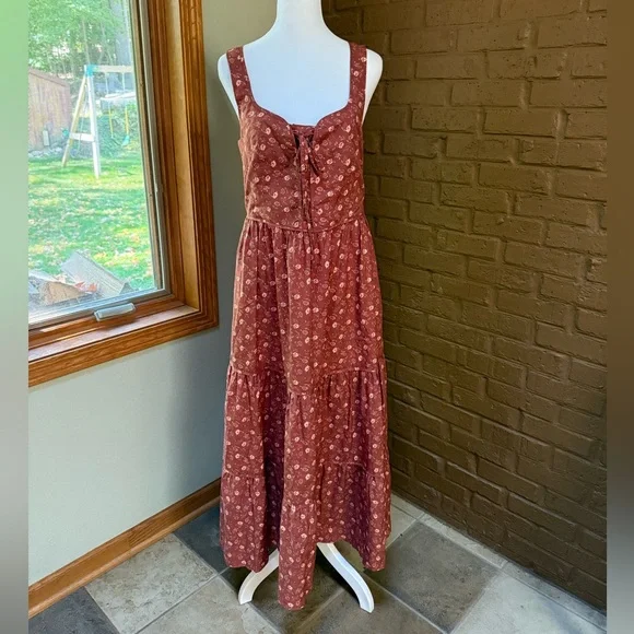 Christy Dawn The Adele Dress Oat Straw Red Cotton Floral Autumn Fall Dress NEW - Picture 2 of 5